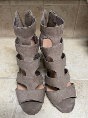 Madden Girl Taupe Suede Strappy Cutout Heels